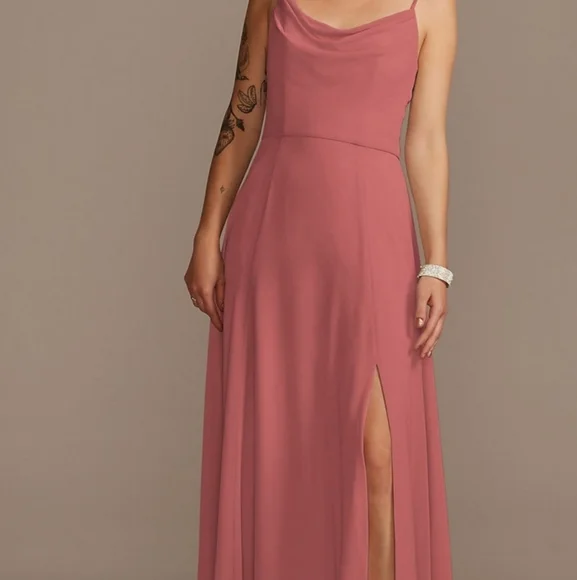 cowl neck chiffon bridesmaid dress with slit WEDTREND Women Hot Pink Long Bridesmaid Dress with Slit A-Line Cowl Neck  Backless Back Zipper Chiffon Wedding Guest Dress main image 0